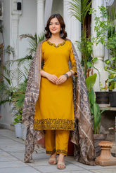 Women's Mustard Yellow Embroidered Kurta Set with Printed Dupatta