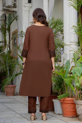 Women's Coffee Brown Embroidered Straight Kurta Set with Block Printed Dupatta