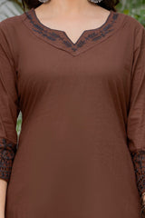 Women's Coffee Brown Embroidered Straight Kurta Set with Block Printed Dupatta