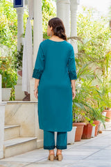 Women's Teal Embroidered Kurta Set with Printed Dupatta