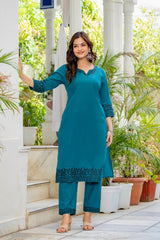 Women's Teal Embroidered Kurta Set with Printed Dupatta