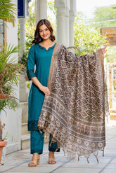 Women's Teal Embroidered Kurta Set with Printed Dupatta