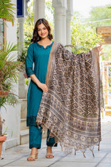 Women's Teal Embroidered Kurta Set with Printed Dupatta