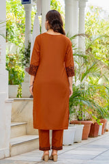 Women's Rust Brown Embroidered Kurta Set with Block Printed Dupatta