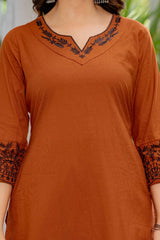 Women's Rust Brown Embroidered Kurta Set with Block Printed Dupatta