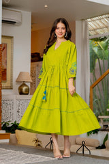 Women's Lime Green Embroidered Tiered Midi Dress