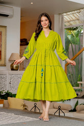 Women's Lime Green Embroidered Tiered Midi Dress