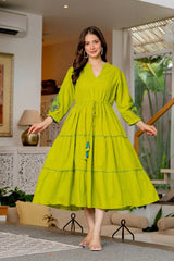 Women's Lime Green Embroidered Tiered Midi Dress