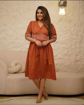 Rust Embroidered Cotton Dress