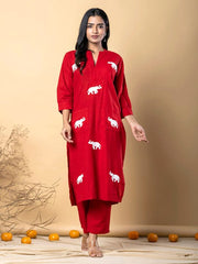 Red Cotton Elephant Embroidery Kurta Set