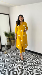 Yellow Cotton Elephant Embroidery Kurta Set