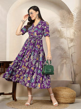 Purple Viscose Rayon Colorful Floral Print Midi Dress