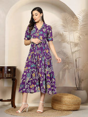 Purple Viscose Rayon Colorful Floral Print Midi Dress