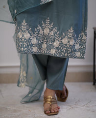 Dusty Blue Roman silk Embroidery Kurta With Organza dupatta Set