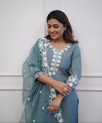 Dusty Blue Roman silk Embroidery Kurta With Organza dupatta Set