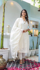 Off-white Chikankari Cotton Kurta paired with Pants and Chanderi Dupatta Set
