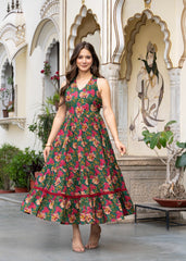 Cotton Green Floral Printed Skirt and Style Dress