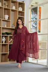 Wine Elegance Embroidered Cotton Anarkali Set