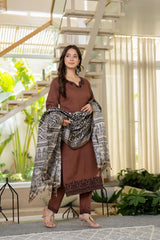Mocha Embroidered Cotton Suit Set with Dupatta