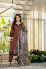 Mocha Embroidered Cotton Suit Set with Dupatta