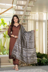 Mocha Embroidered Cotton Suit Set with Dupatta
