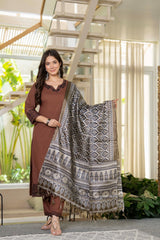Mocha Embroidered Cotton Suit Set with Dupatta