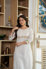 Off White Embroidered Cotton Kurta and Pant Set
