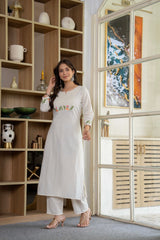 Off White Embroidered Cotton Kurta and Pant Set