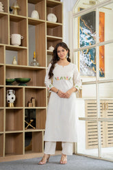 Off White Embroidered Cotton Kurta and Pant Set