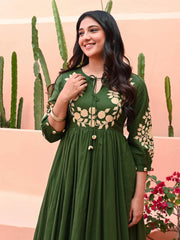 Green Cotton Anarkali Embroidery Gown