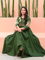 Green Cotton Anarkali Embroidery Gown
