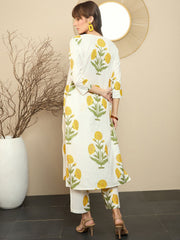 White Marigold Floral Block Print Kurta with Straight Pant