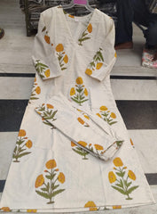 White Marigold Floral Block Print Kurta with Straight Pant