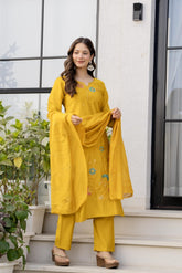 Women's Mustard Yellow Floral Embroidered Straight Kurta Set with Dupatta