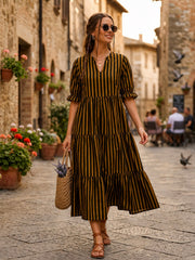 Black & Mustard Striped Tiered Maxi Dress for woman