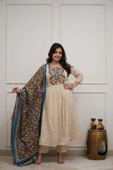 Women's Cream Kalamkari Print Anarkali Kurta Set with Pant & Dupatta
