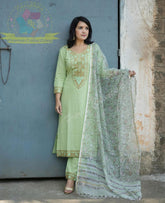 Women's Pista Green Embroidered Straight Kurta Pant Set with Kota Doria Dupatta