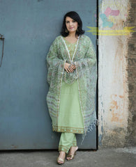 Women's Pista Green Embroidered Straight Kurta Pant Set with Kota Doria Dupatta