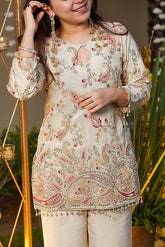 Women's Cream Heavy Embroidered French Crepe Co-ord Set with Pants