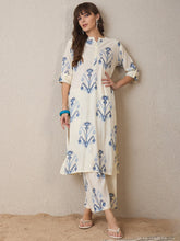 Women's Cream Blue Ikat Print Cotton Flex Co-ord Kurta & Pant Set