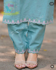 Women's Teal Blue Embroidered Straight Kurta Pant Set with Kota Doria Dupatta