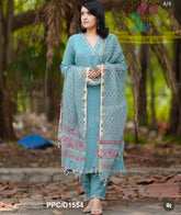 Women's Teal Blue Embroidered Straight Kurta Pant Set with Kota Doria Dupatta