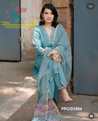 Women's Teal Blue Embroidered Straight Kurta Pant Set with Kota Doria Dupatta