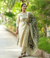 Women's Cream Green Floral Embroidered Straight Kurta Pant Set with Chanderi Dupatta - Premium
