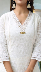 Off-white Chikankari Cotton Kurta paired with Pants and Chanderi Dupatta Set