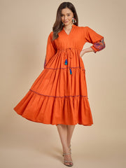 Women's Orange Embroidered Tiered Midi Dress
