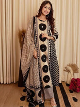 Women's Beige Black Chakra Procion Print Straight Kurta Set with Pant & Dupatta