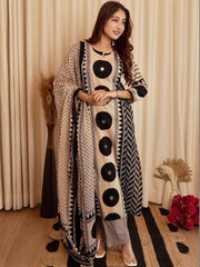 Women's Beige Black Chakra Procion Print Straight Kurta Set with Pant & Dupatta