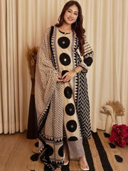 Women's Beige Black Chakra Procion Print Straight Kurta Set with Pant & Dupatta