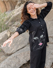 Black Embroidered Cotton Flex Co - Ord Set - pasoya